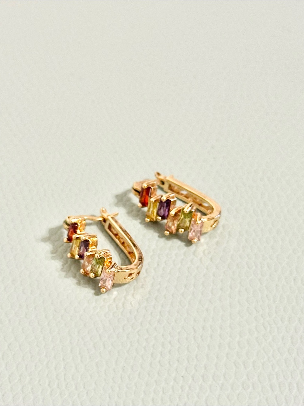 Rainbow Baguette Huggie Hoop Earrings Gold Plated Multicolor CZ Boho